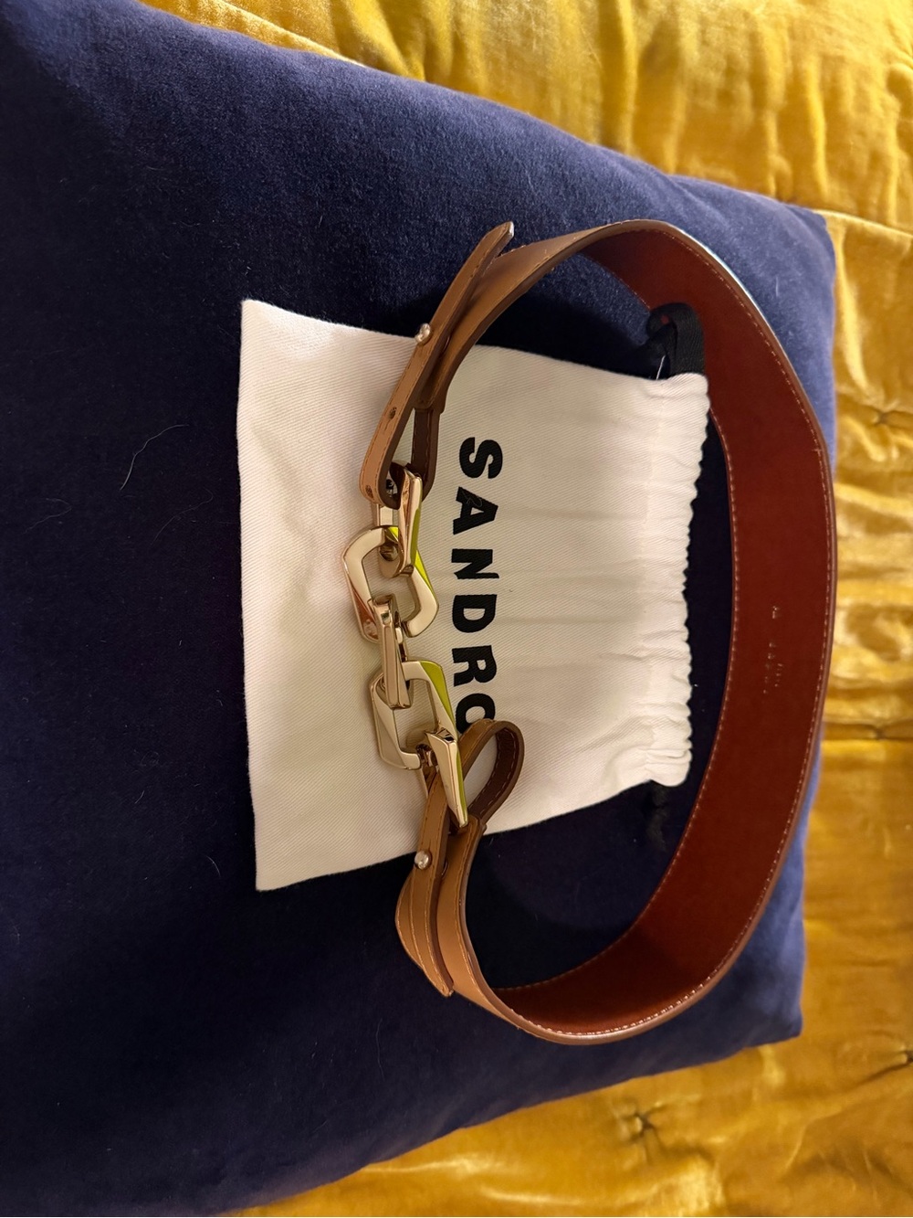 Sandro Leather Chain-Link Belt in Tan with Gold Hardware